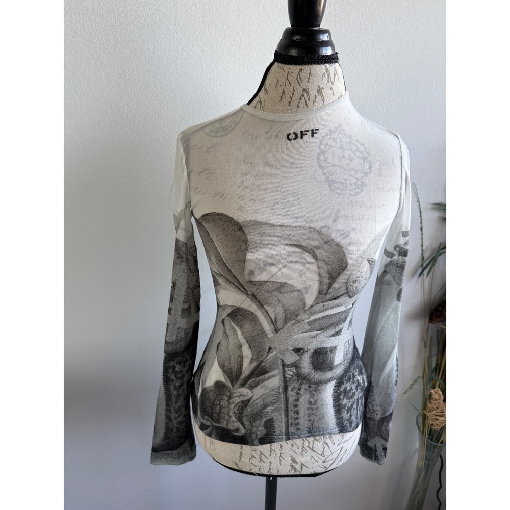 Off-White Women Botanical Script Mesh Long Sleeve Top OWAD136S21FAB001 IT 38